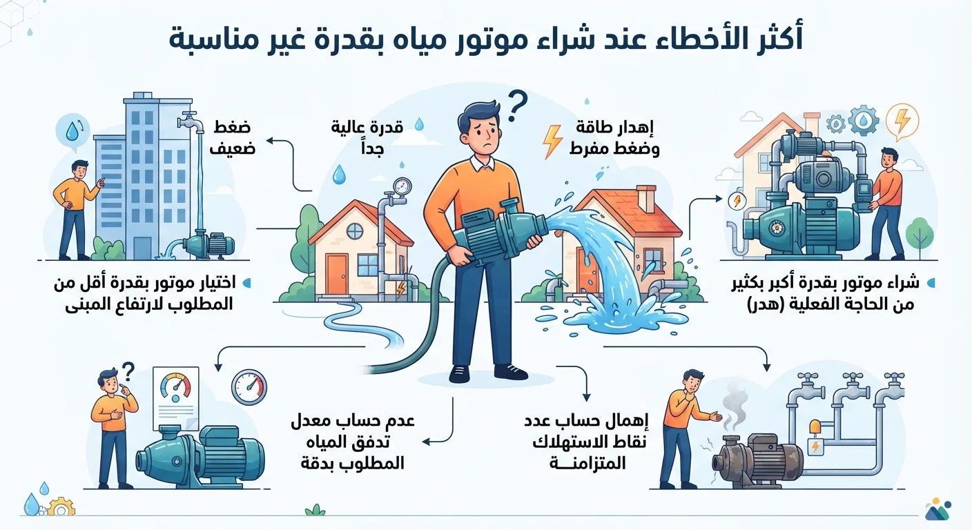 أكثر الأخطاء عند شراء موتور مياه بقدرة غير مناسبة وكيف تختار الموتور الصحيح من أول مرة