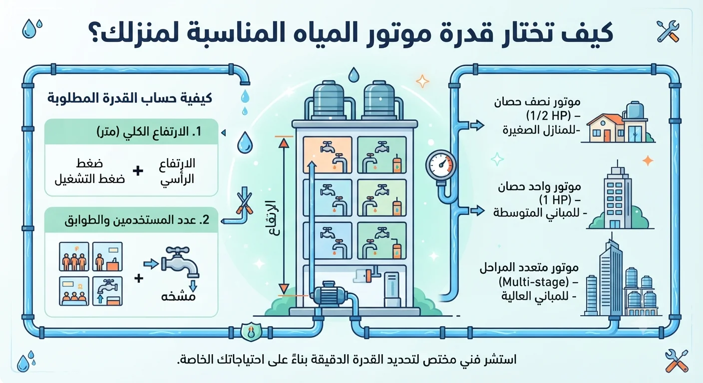 كيف تختار قدرة موتور المياه المناسبة لمنزلك؟ دليل عملي لحساب قدرة موتور المياه حسب الارتفاع وعدد المستخدمين