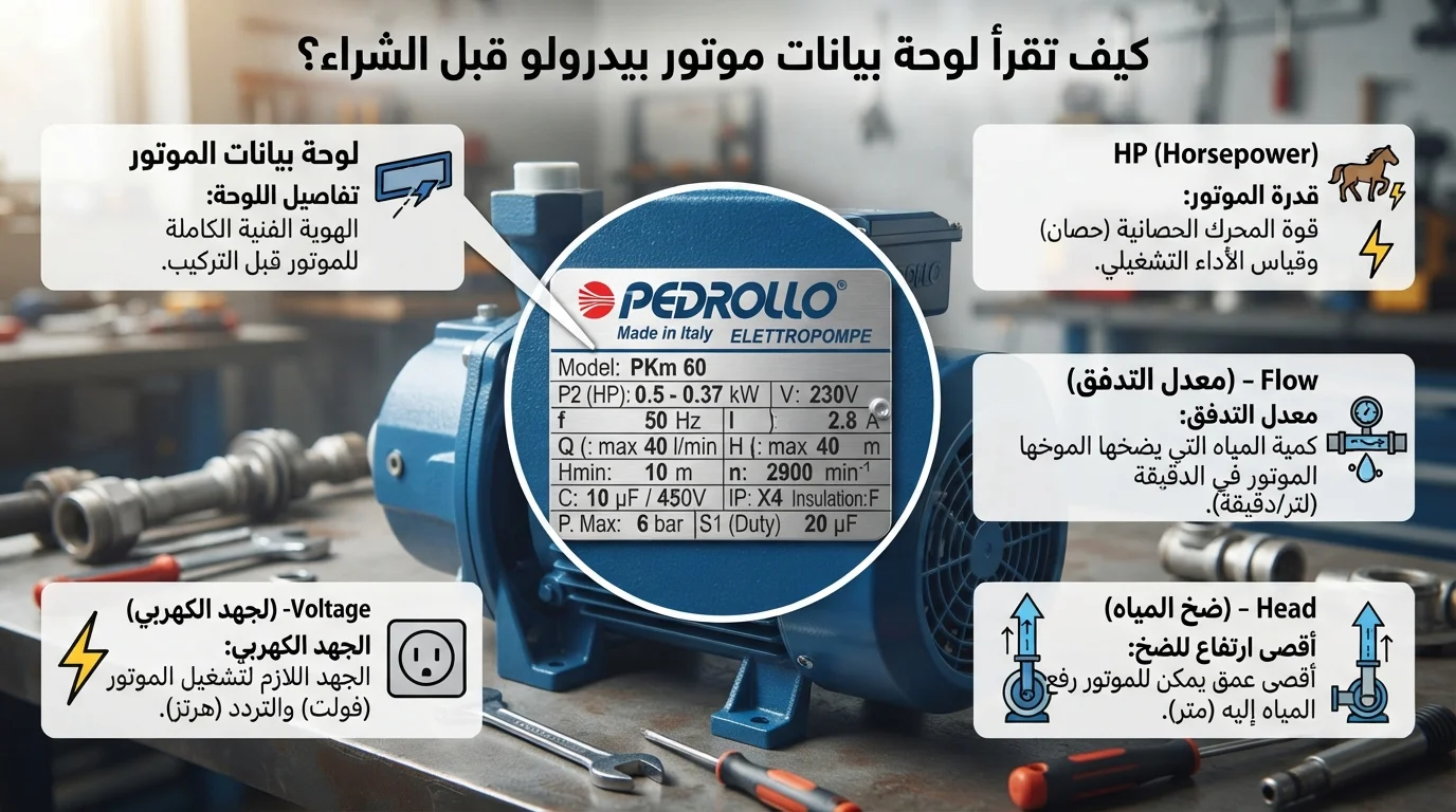 كيف تقرأ لوحة بيانات موتور بيدرولو قبل الشراء؟ دليل شامل لفهم HP وFlow وHead وVoltage وكل الرموز
