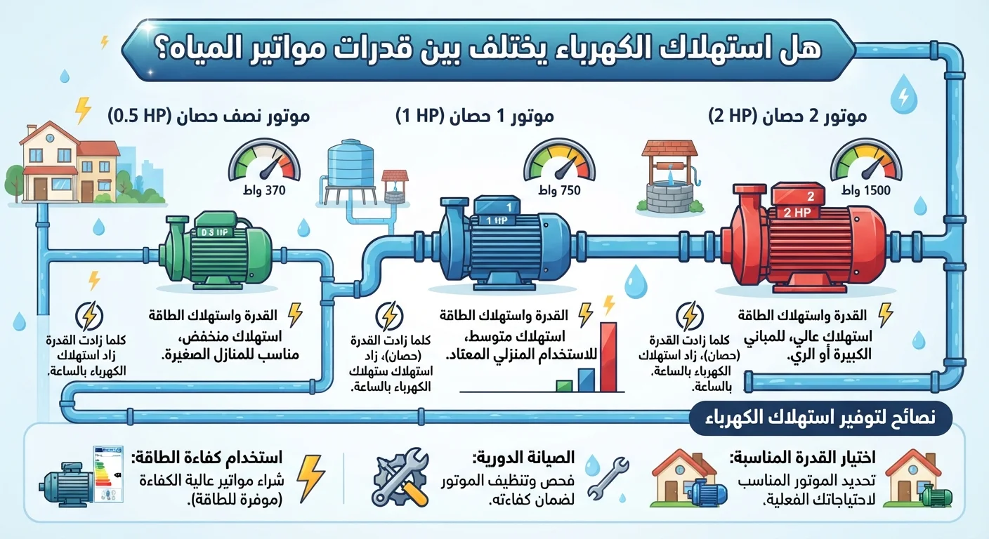هل استهلاك الكهرباء يختلف بين قدرات مواتير المياه؟ دليل حساب الاستهلاك وتقليل فاتورة التشغيل
